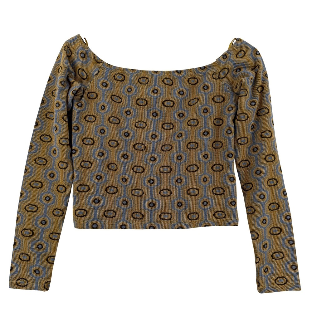Zara Shirt Womens Small Yellow Geometric Boat Neck Long Sleeve Cropped Top NWT